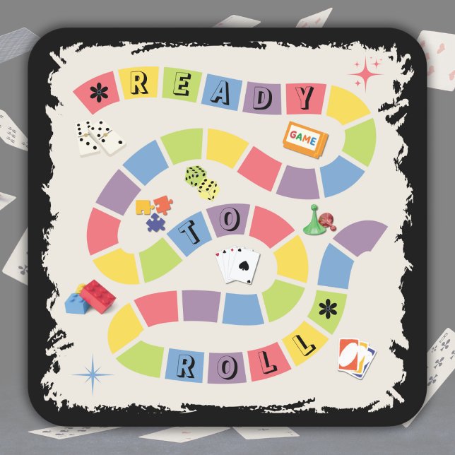 Retro Colourful Board Game Night Square Paper Coaster (Add a playful touch to your tabletop with our "Ready to Roll" retro coasters!)