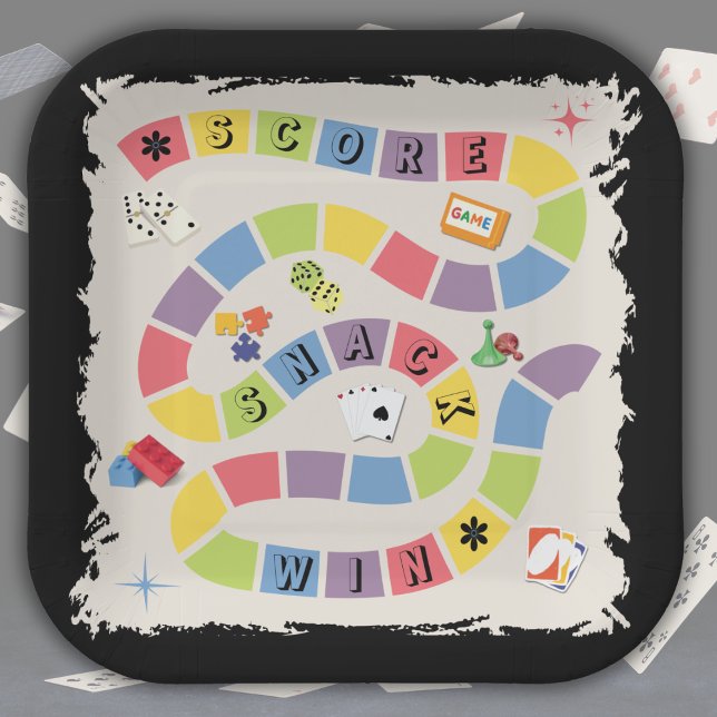 Retro Colourful Board Game Score Snack Win Paper Plate (The "Score, Snack, Win" plate: A must-have for a high-energy nostalgic game night.)
