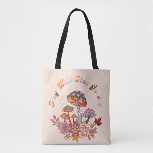 Retro colourful boho flowers groovy floral design tote bag (Front)