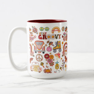 Retro colourful boho flowers groovy floral design Two-Tone coffee mug