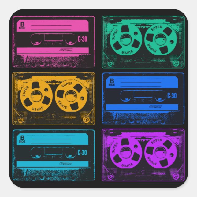 Retro Colourful Cassette Tapes Square Sticker (Front)
