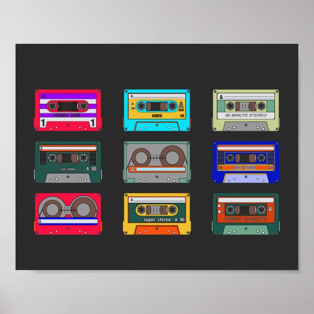 Retro Colourful Cassettes 80's Nostalgia  Poster (Front)