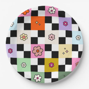 Retro Colourful Chequered Daisies Flower Check Paper Plate
