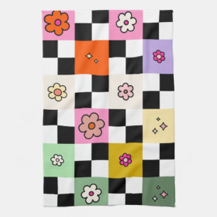 Retro Colourful Chequered Daisies Flower Check Tea Towel
