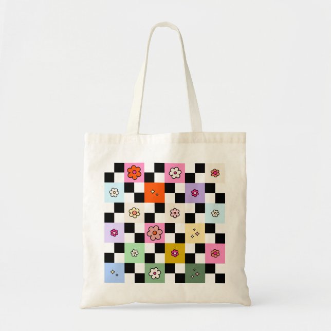 Retro Colourful Chequered Daisies Flower Check Tote Bag (Front)