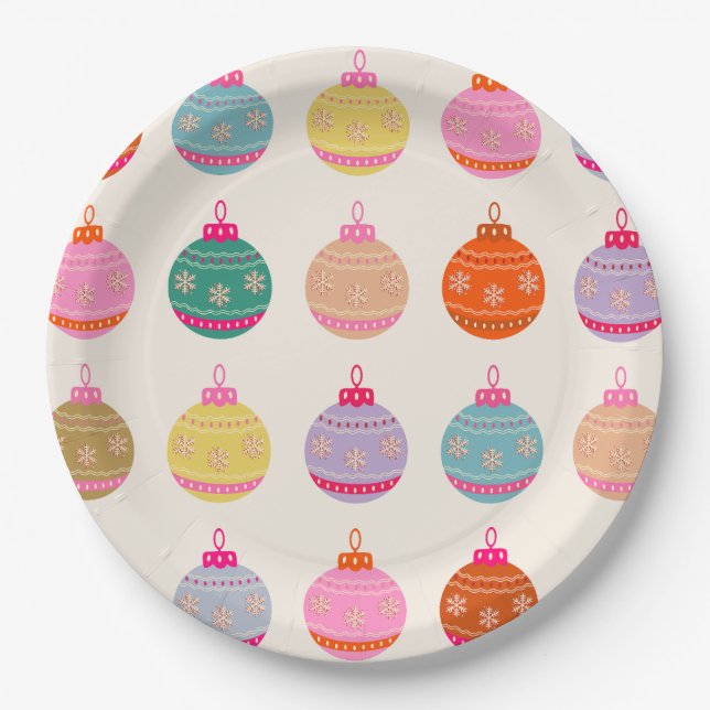 Retro Colourful Christmas Baubles Paper Plate (Front)