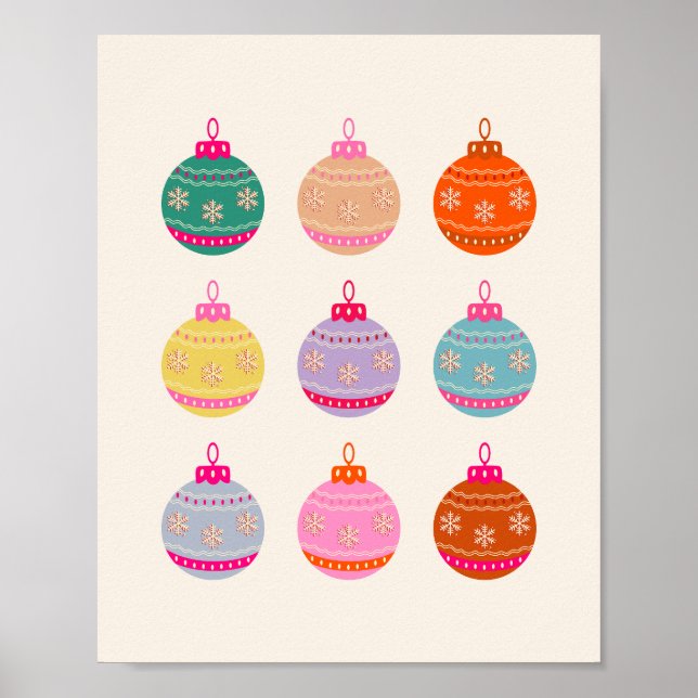 Retro Colourful Christmas Baubles Poster (Front)
