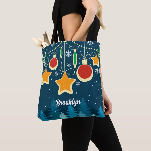 Retro Colourful Christmas Ornaments Design Tote Ba (Close Up)