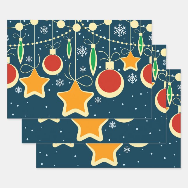 Retro Colourful Christmas Ornaments Design Wrapping Paper Sheet (Set)