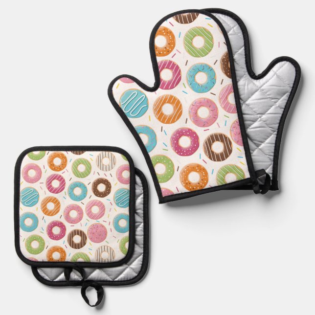 Retro Colourful Doughnuts Pattern Minimalist Fun P Oven Mitt & Pot Holder Set (Front/Back)