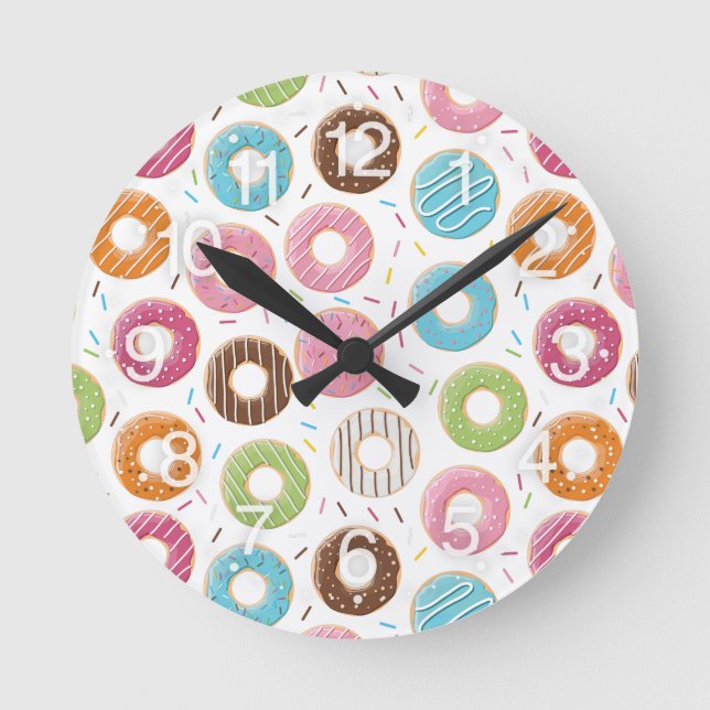 Retro Colourful Doughnuts Pattern Minimalist Fun P Round Clock (Front)