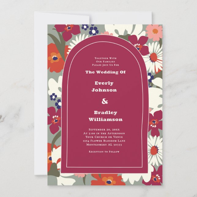 Retro Colourful Floral Boho Chic 70's Wedding Invitation (Front)