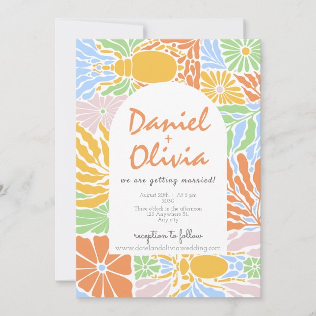 Retro Colourful Floral Frame Wedding Invitation (Front)