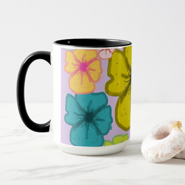 Retro Colourful Floral Pattern Black Two-Tone Mug (With Donut)