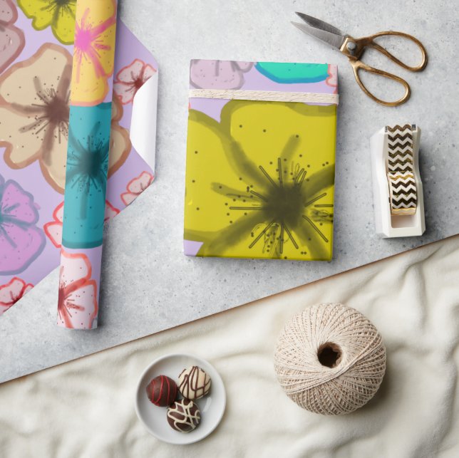 Retro Colourful Floral Pattern Wrapping Paper (Crafts)