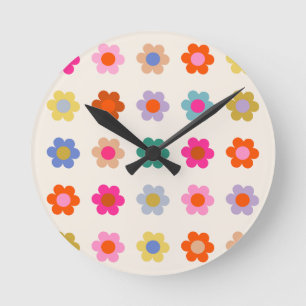 Retro Colourful Floral Preppy Abstract Flowers Round Clock