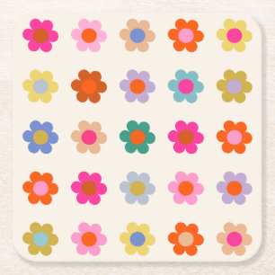 Retro Colourful Floral Preppy Abstract Flowers Square Paper Coaster