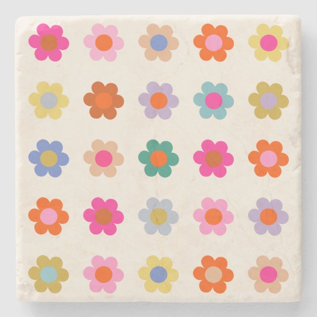 Retro Colourful Floral Preppy Abstract Flowers Stone Coaster (Front)