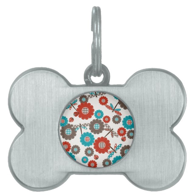 Retro Colourful Flower Dragonfly Pattern Pet Tag (Front)
