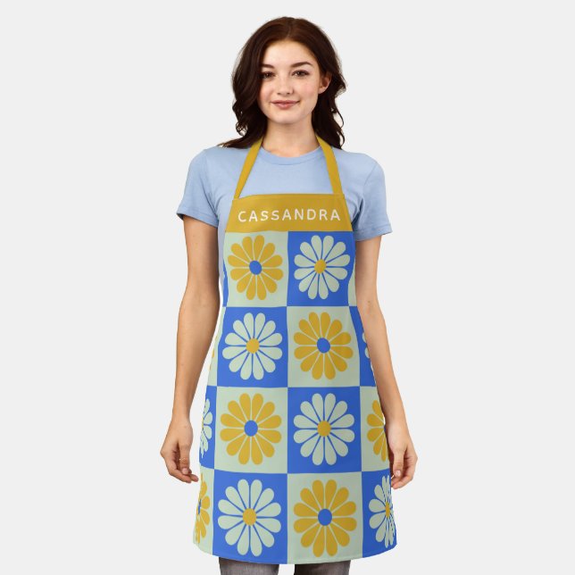Retro Colourful Flowers Blue Yellow Personalised Apron (Worn)