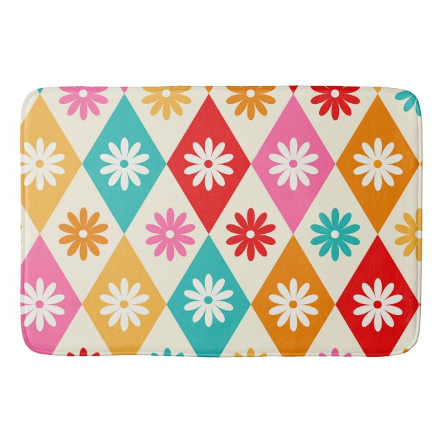 Retro Colourful Flowers on Harlequin diamonds  Bath Mat (Front)