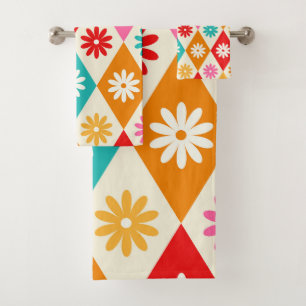 Retro Colourful Flowers on Harlequin Diamonds Bath Towel Set