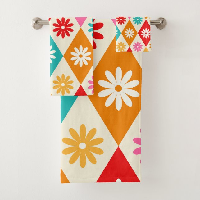 Retro Colourful Flowers on Harlequin Diamonds  Bath Towel Set (Insitu)