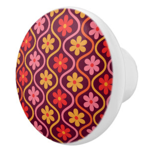 Retro Colourful Flowers on Vintage Ogee Pattern  Ceramic Knob
