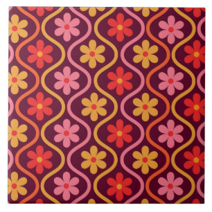 Retro Colourful Flowers on Vintage Ogee Pattern Ceramic Tile