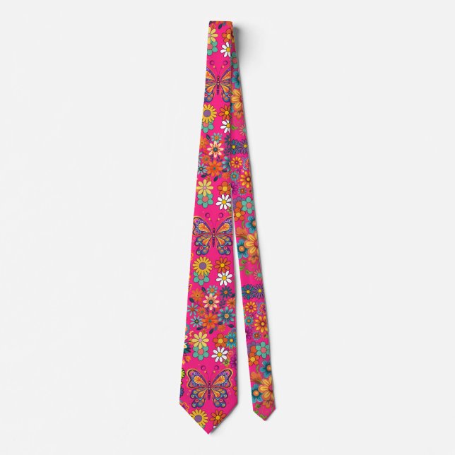 Retro colourful flowers pattern. B Pink BG Tie (Front)