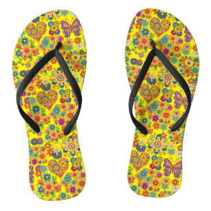 Retro colourful flowers pattern. B Yellow BG Thongs