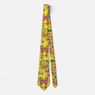 Retro colourful flowers pattern. B Yellow BG Tie