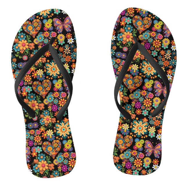 Retro colourful flowers pattern. Black BG Thongs (Footbed)