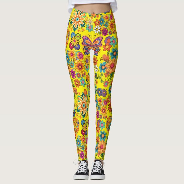 Retro colourful flowers pattern. Bright Yellow BG Leggings (Front)