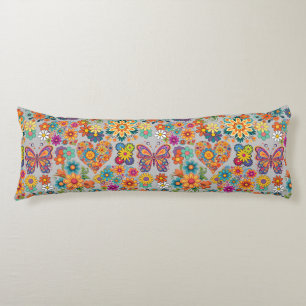 Retro colourful flowers pattern. L Grey BG Body Cushion