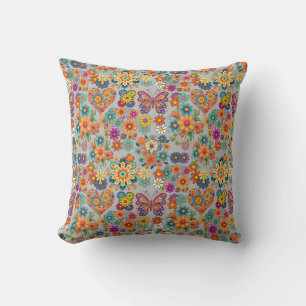 Retro colourful flowers pattern. L Grey BG Cushion