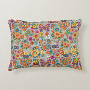 Retro colourful flowers pattern. L Grey BG Decorative Cushion