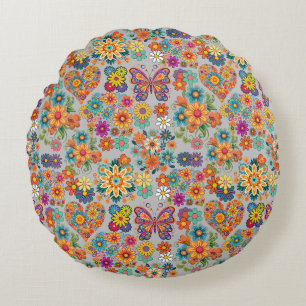 Retro colourful flowers pattern. L Grey BG Round Cushion