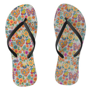 Retro colourful flowers pattern. L Grey BG Thongs