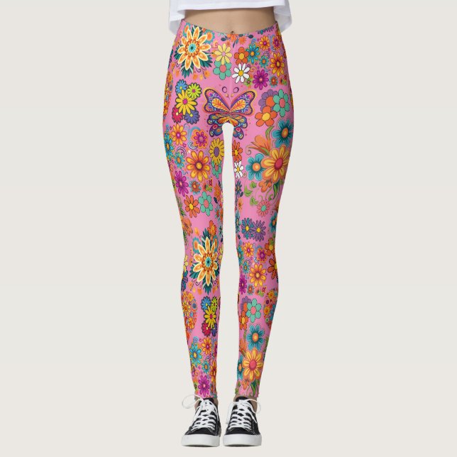 Retro colourful flowers pattern. Pink BG Leggings (Front)