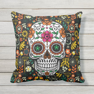 Retro Colourful Flowers & Sugar Skull Cushion