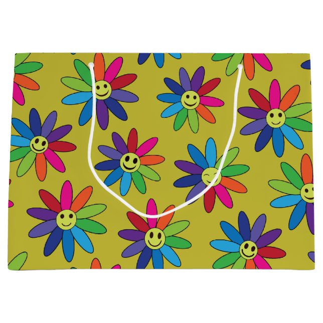 Retro   colourful flowers with happy faces pattern large gift bag (Front)