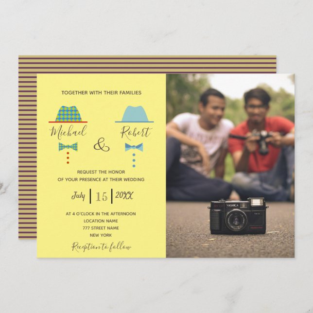 Retro Colourful Gay Photo Wedding Invitation (Front/Back)