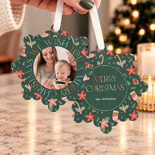 Retro Colourful Green Christmas Floral Photo Tree Decoration Card