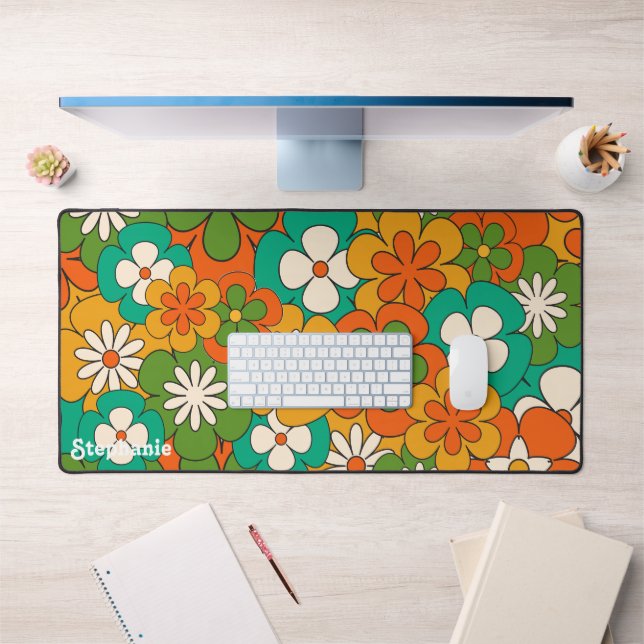 Retro Colourful Groovy Flower Script Name Desk Mat (Office 1)