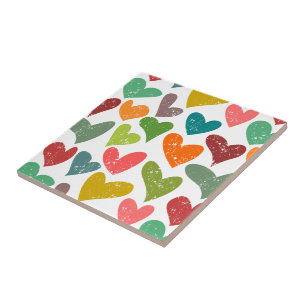 Retro Colourful Groovy Valentine Hearts Pattern Ceramic Tile