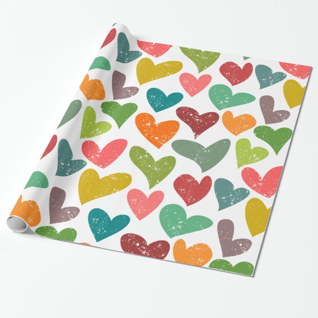 Retro Colourful Groovy Valentine Hearts Pattern Wrapping Paper (Unrolled)