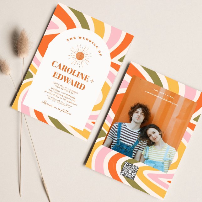 Retro Colourful Groovy Wavy Boho Wedding Qr Code  Invitation (Creator Uploaded)