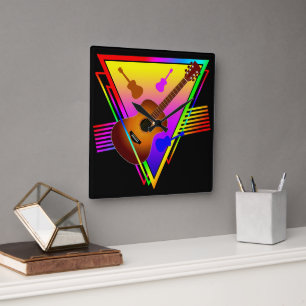 Retro Colourful Guitar Square Wall Clock