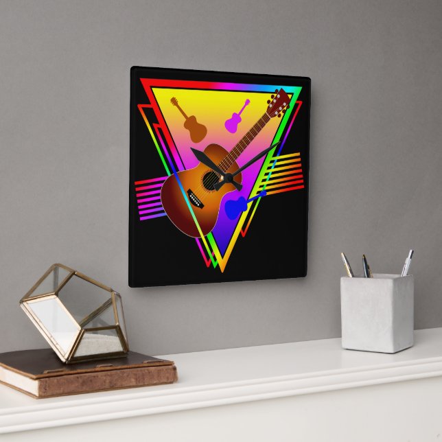 Retro Colourful Guitar Square Wall Clock (Office)